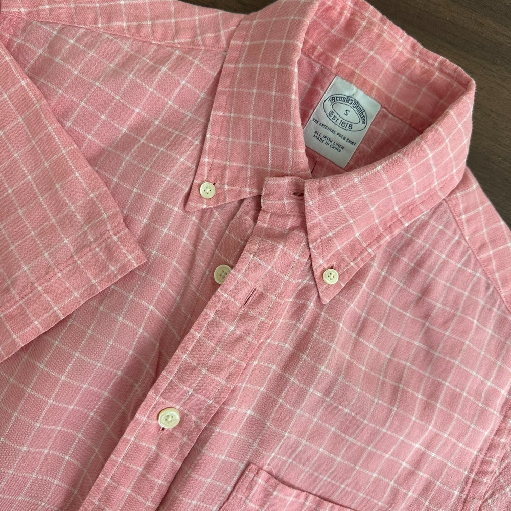 Brooks Brothers The Original Polo Shirt Pink Check 100% Linen Button Down Mens S